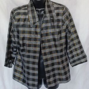 Anne Carson Silk Blazer Medium Black White Gold Plaid